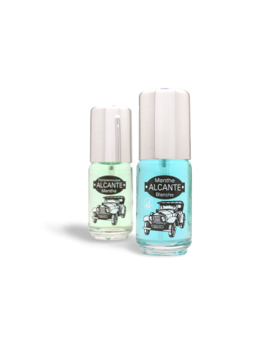 Menthe blanche et Pamplemousse menthe, parfums vaporisateur et anti-odeur pour voiture Alcante.